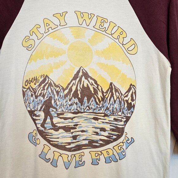 OBEY Size Small Raglan T-Shirt Maroon Big Foot Print “Stay Weird and Live Free” - Picture 2 of 9